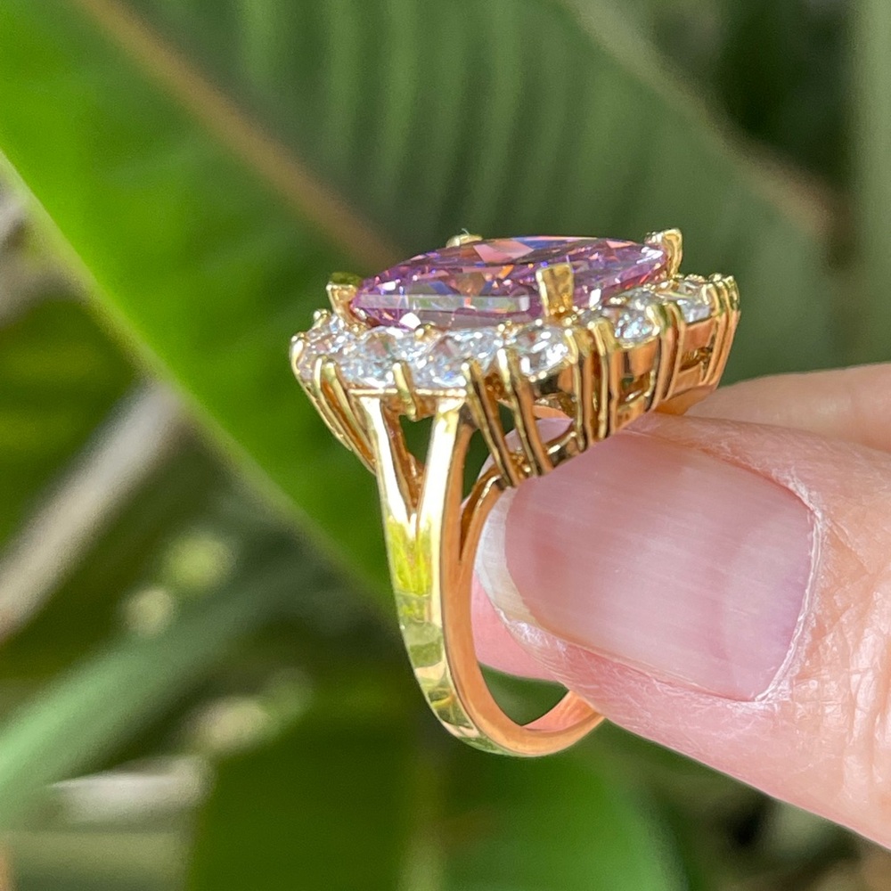 Imitation pink sapphire and diamanté gold tone cocktail ring - Picture 10 of 12